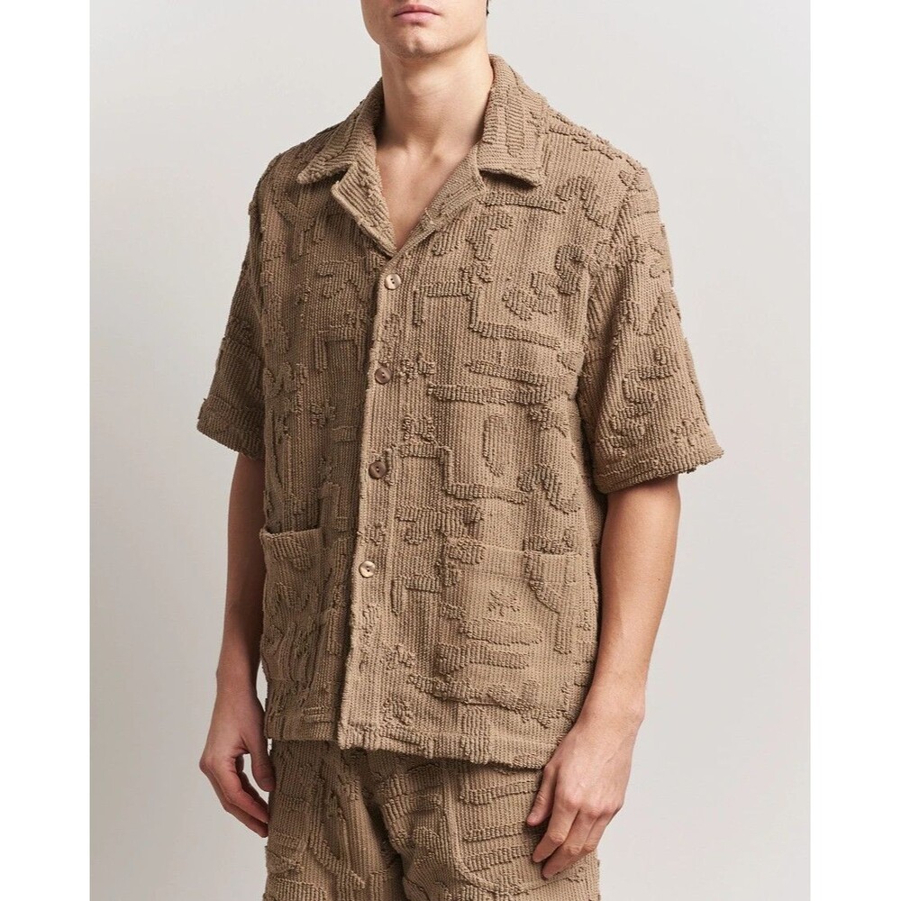 OAS Button Up Shirt Mens Medium Tan CLEO Varadero Terry Short Sleeve